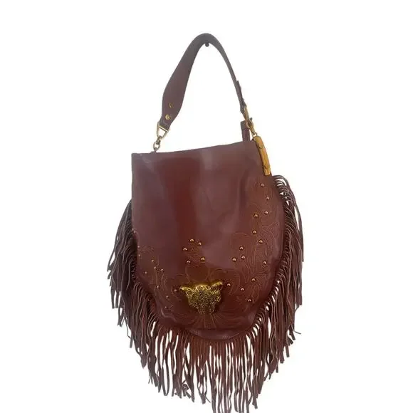 SHARIF Brown Goat Leather & Fringe with Metal Cougar Head Hobo Purse - Picture 1 of 6